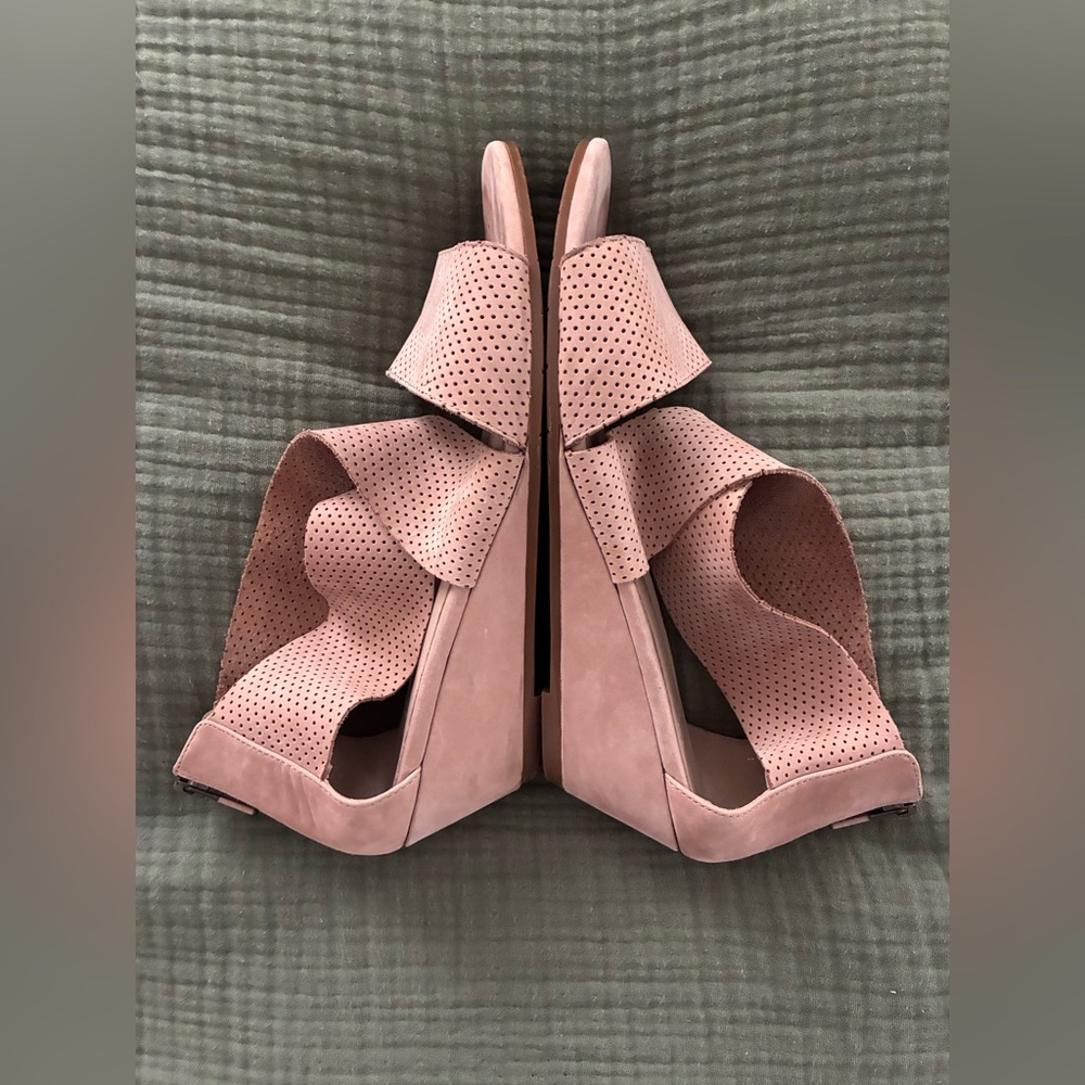 Eileen Fisher camel suede Perforated Wedge Sandals